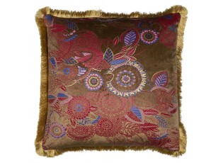 Taupe sametový polštář s květy a zlatými třásněmi Floral - 45*45*10cm