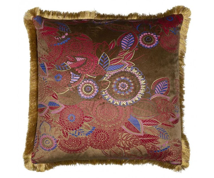 Taupe sametový polštář s květy a zlatými třásněmi Floral - 45*45*10cm Mars & More 