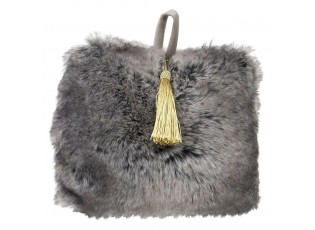 Šedá chlupatá dveřní zarážka se zlatým střapcem Wolf grey - 15*22*18cm