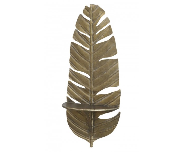 Mosazná antik nástěnná kovová polička ve tvaru peří Feather - 24*12*56cm Chic Antique