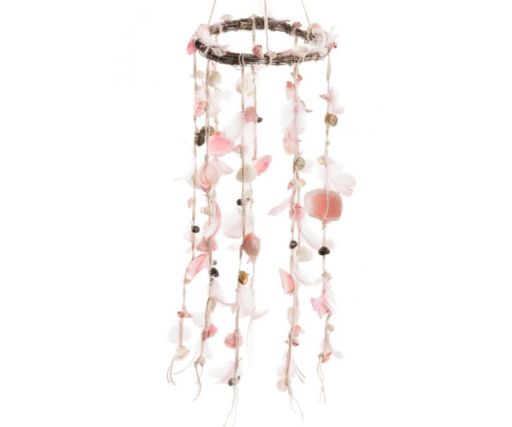 Závěsný věnec s růžovými peříčky a mušlemi Boho - Ø 15*75 cm J-Line by Jolipa