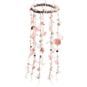 Závěsný věnec s růžovými peříčky a mušlemi Boho - Ø 15*75 cm