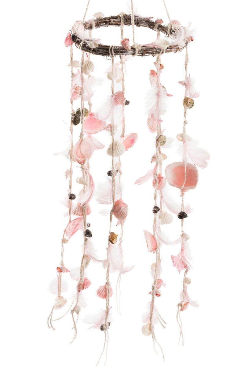 Závěsný věnec s růžovými peříčky a mušlemi Boho - Ø 15*75 cm J-Line by Jolipa Závěsný věnec s růžovými peříčky a mušlemi Boho - Ø 15*75 cm J-Line by Jolipa