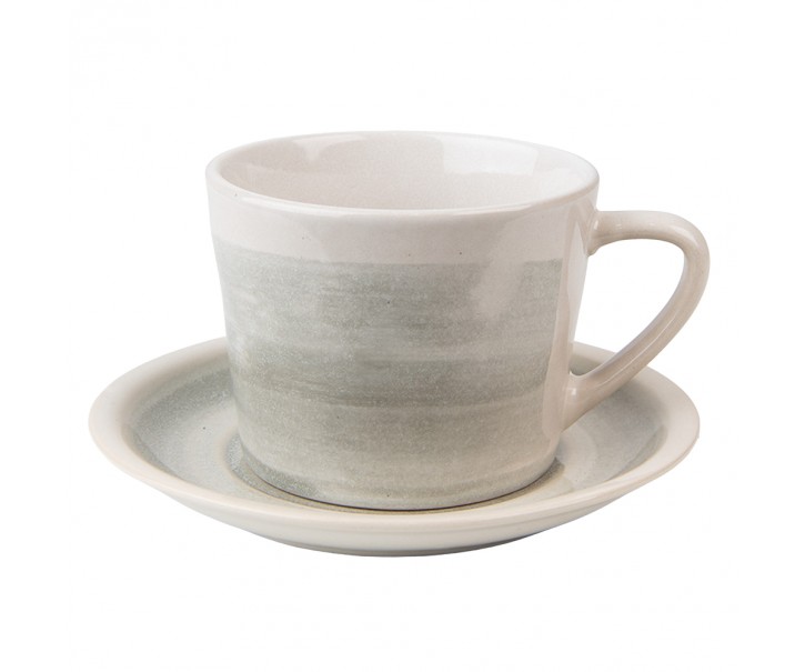 Šedo-zelený keramický šálek s podšálkem Groa - 11*8*6 cm / Ø 14*1 cm / 200 ml Clayre & Eef