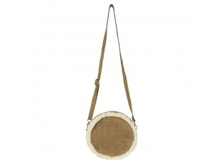Hnědá kulatá kožená kabelka crossbody zdobená ovčí vlnou - 24*8*24cm