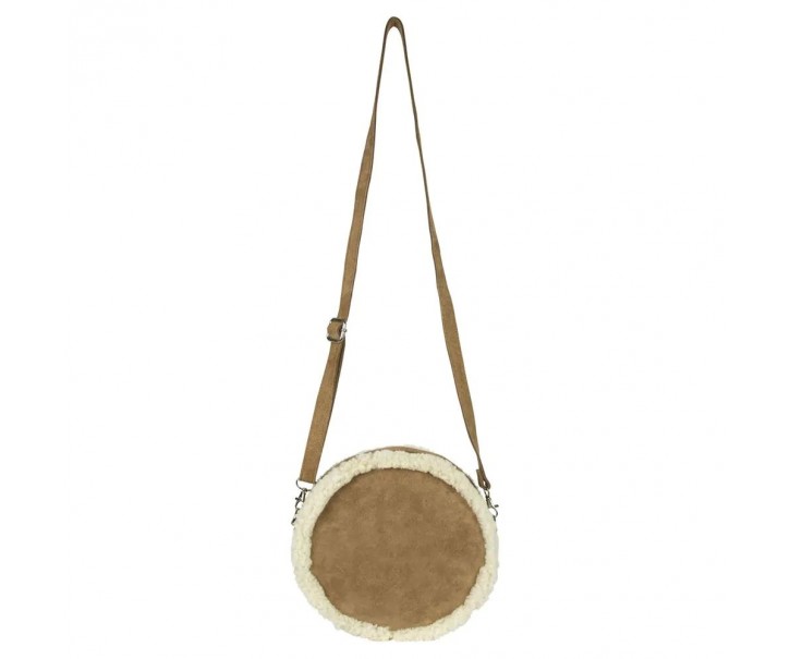 Hnědá kulatá kožená kabelka crossbody zdobená ovčí vlnou - 24*8*24cm Mars & More 