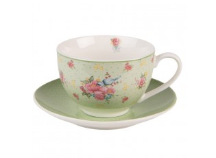 Zelený porcelánovýšálek s podšálkem s květy a ptáčkem Cheerful Birdie - 12*9*6cm/ 200ml