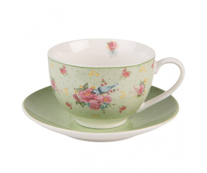 Zelený porcelánovýšálek s podšálkem s květy a ptáčkem Cheerful Birdie - 12*9*6cm/ 200ml Clayre & Eef