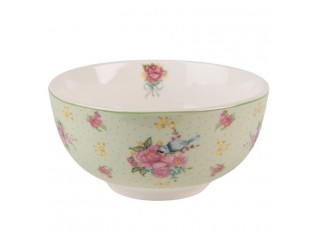 Zelená porcelánová miska s květy a ptáčkem Cheerful Birdie - Ø 14*7 cm/ 500ml