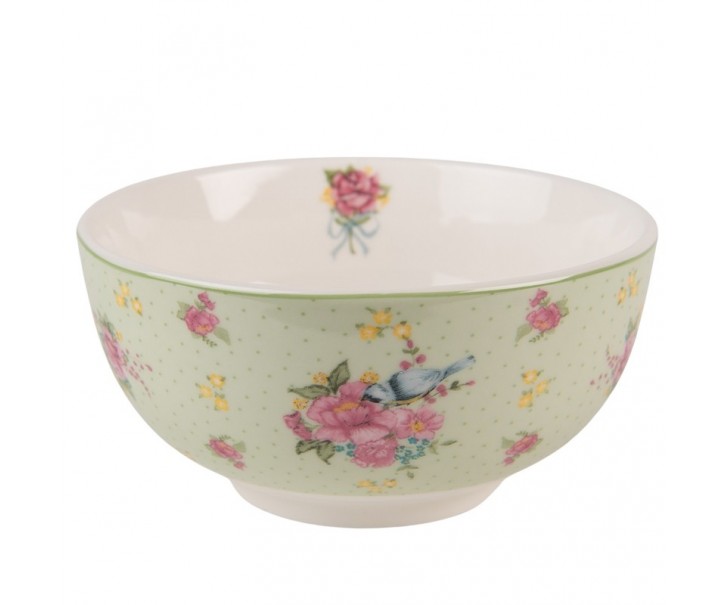 Zelená porcelánová miska s květy a ptáčkem Cheerful Birdie - Ø 14*7 cm/ 500ml Clayre & Eef