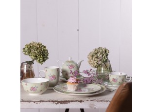 Zelená porcelánová miska s květy a ptáčkem Cheerful Birdie - Ø 14*7 cm/ 500ml