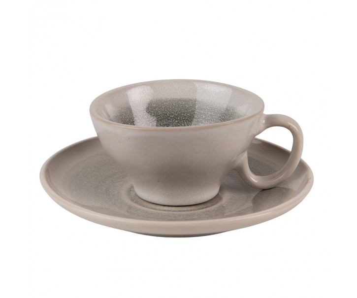 Šedo-zelený keramický šálek s podšálkem - 10*8*5 cm / Ø 14*1 cm / 100 ml Clayre & Eef