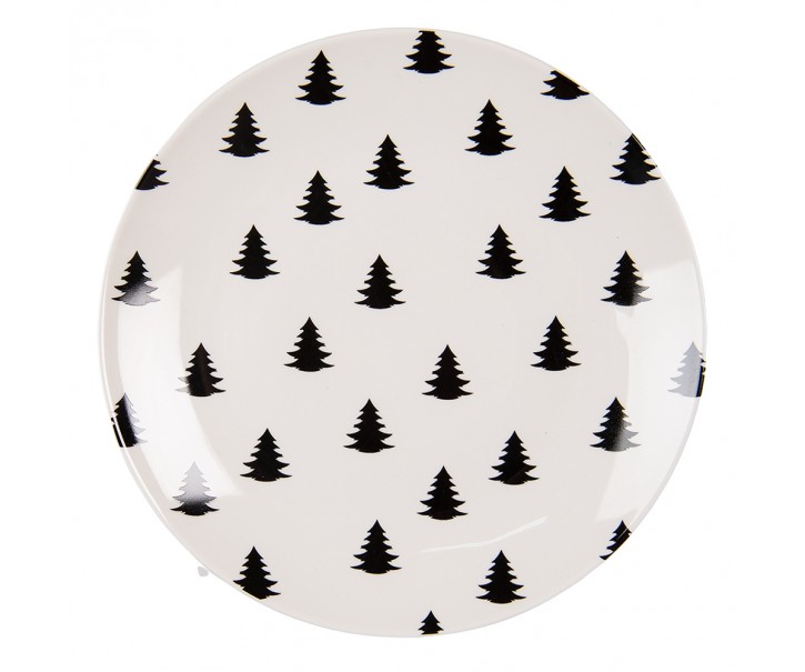 Bílo-černý porcelánový dezertní talíř se stromky Black&White X-Mas - Ø 20*2 cm Clayre & Eef