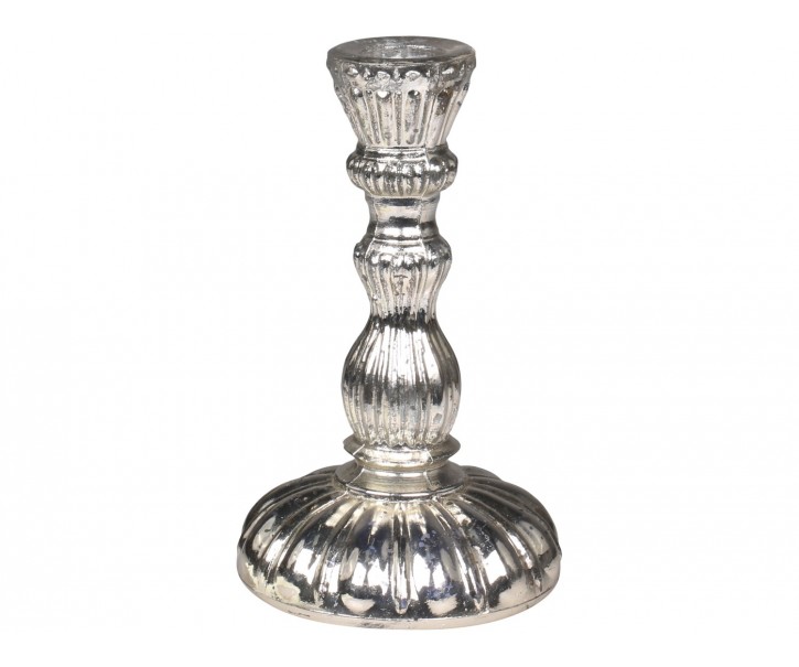 Stříbrný antik skleněný svícen na úzkou svíčku - Ø 9*14cm Chic Antique