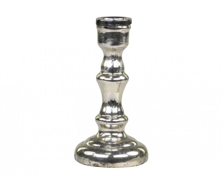 Stříbrný antik skleněný svícen na úzkou svíčku Groo - Ø 7*13cm Chic Antique