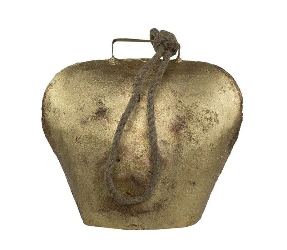 Zlatý antik plechový zvonek ve tvaru kravského zvonu - 20*8*10cm