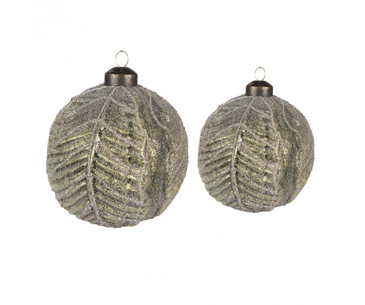 Set 2 ks zelených skleněných vánočních koulí s motivem listů – Ø 10 cm a Ø 8 cm Clayre & Eef