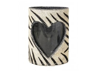 Svícen se srdcem zdobený kůží se vzorem Zebra - 11,5*11,5*16cm