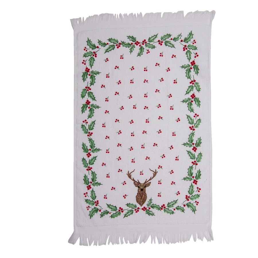 Kuchyňský froté ručník s jelenem a cesmínou Holly Christmas - 40*66 cm Clayre & Eef Kuchyňský froté ručník s jelenem a cesmínou Holly Christmas - 40*66 cm Clayre & Eef