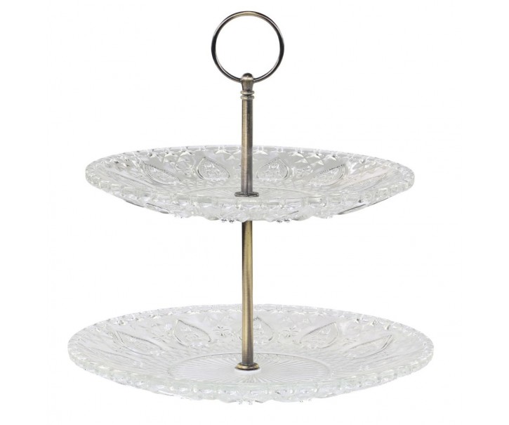 Skleněný 2-patrový etažér se srdíčky Heart glass - Ø 22*24 cm Chic Antique