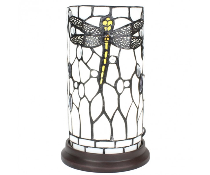 Bílá válcovitá stolní lampa Tiffany s vážkou DragonFly - Ø 15*26 cm E14/max 1*40W Clayre & Eef