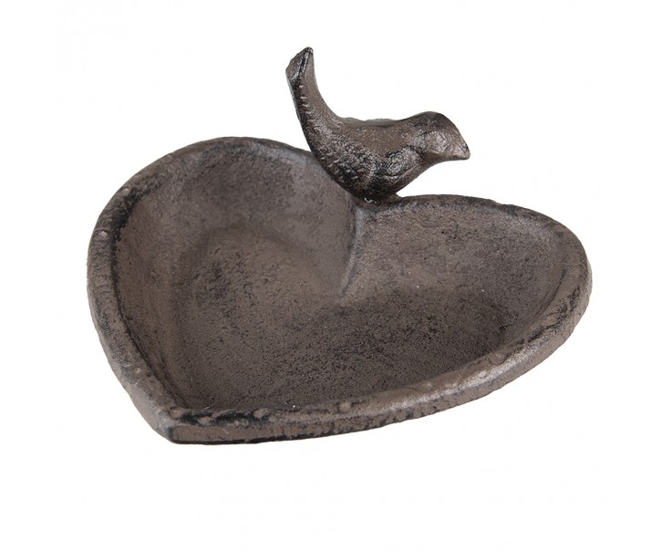 Hnědé litinové pítko/ krmítko pro ptáčky ve tvaru srdce - 16*14*8 cm Clayre & Eef
