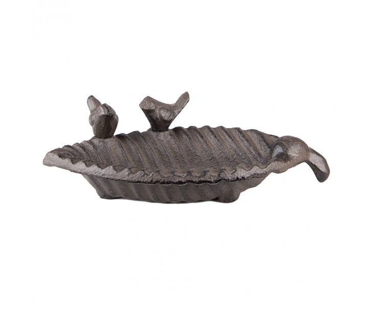Hnědé litinové pítko/ krmítko pro ptáčky ve tvaru listu - 19*10*5 cm Clayre & Eef