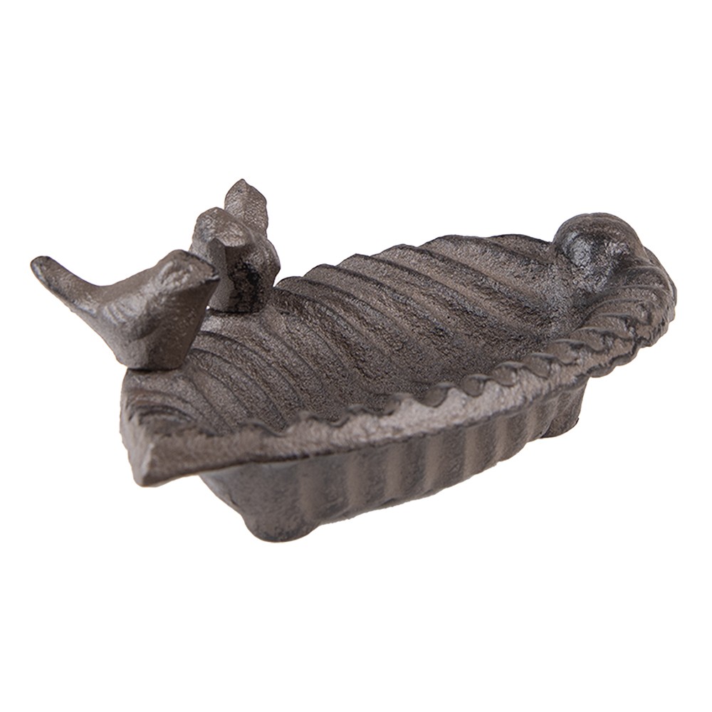 Hnědé litinové pítko/ krmítko pro ptáčky ve tvaru listu - 19*10*5 cm Clayre & Eef Hnědé litinové pítko/ krmítko pro ptáčky ve tvaru listu - 19*10*5 cm Clayre & Eef