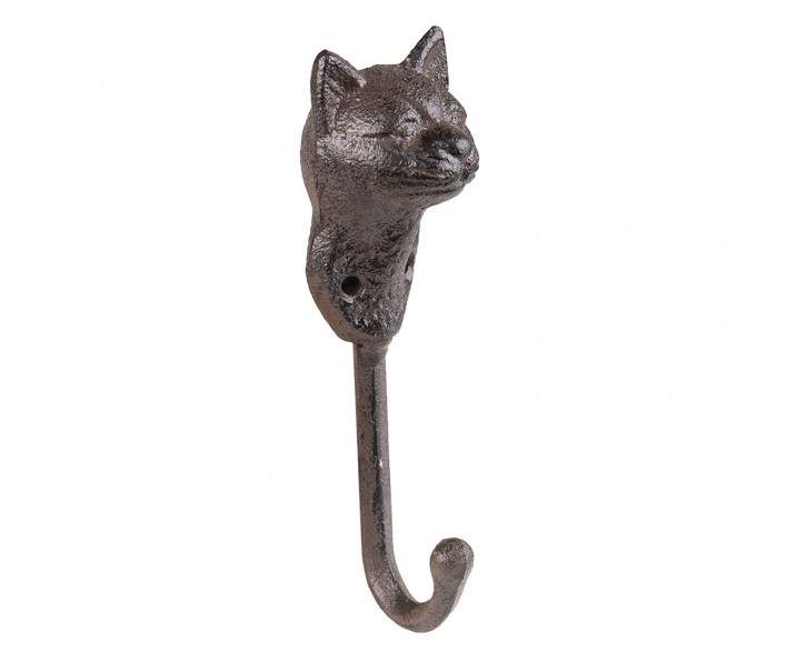 Hnědý nástěnný litinový háček s hlavou kočky Catty Brown - 5*4*15 cm Clayre & Eef