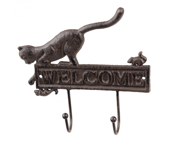 Nástěnný litinový věšák s kočkou Welcome - 22*5*20 cm Clayre & Eef