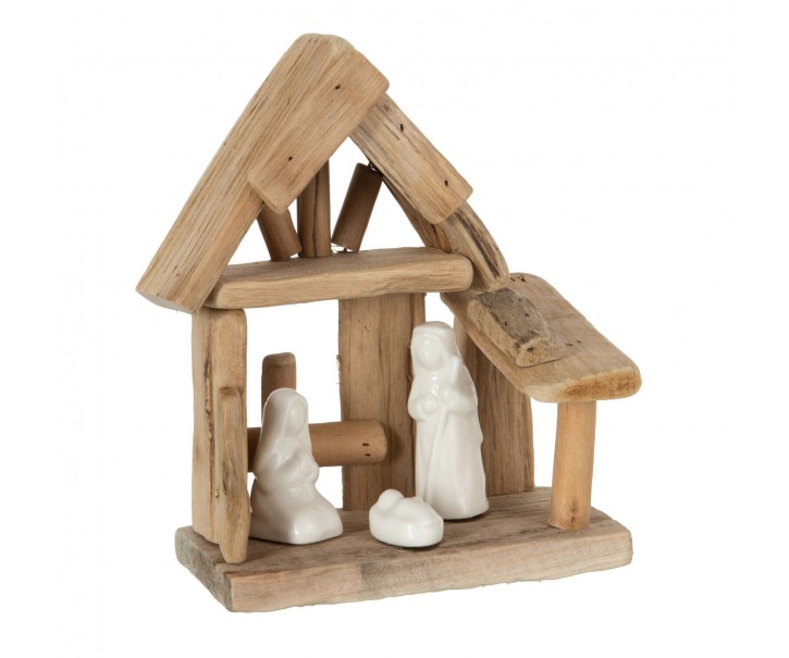 Přírodní dřevěný Betlém s porcelánovými postavičkami - 25*10*19 cm J-Line by Jolipa