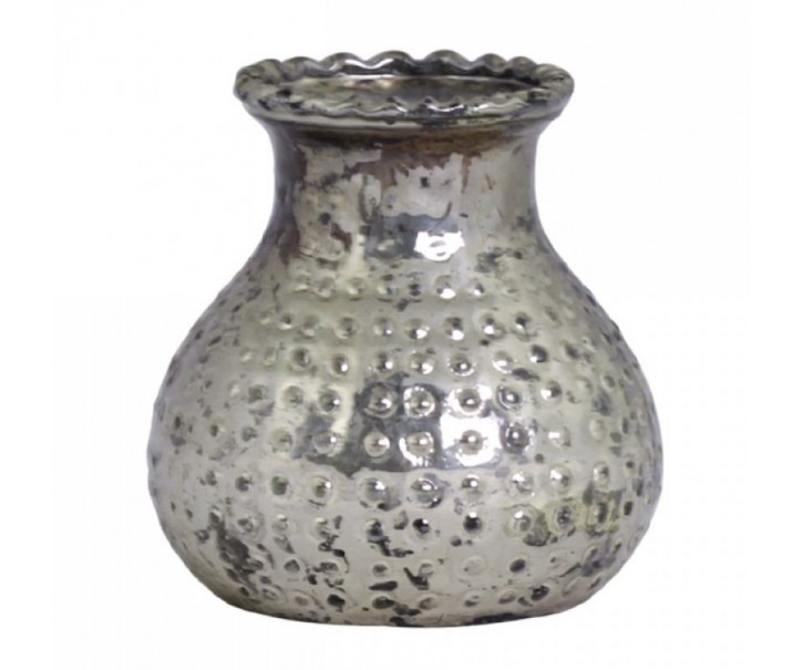 Stříbrná antik skleněná dekorační vázička Marcia - Ø 9*8cm Chic Antique