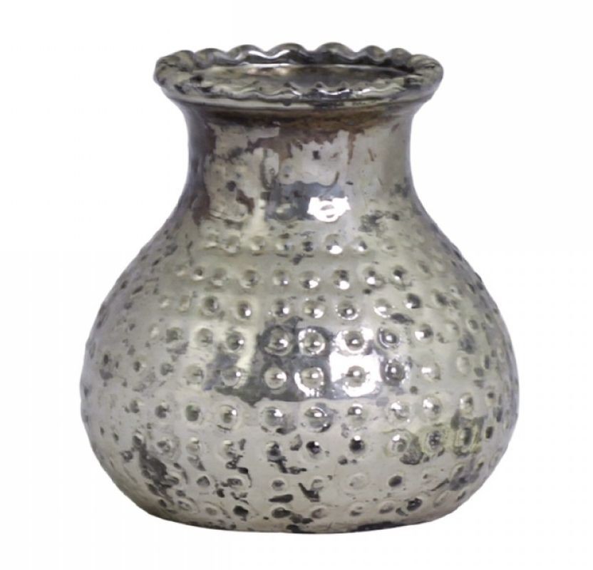 Stříbrná antik skleněná dekorační vázička Marcia - Ø 9*8cm Chic Antique Stříbrná antik skleněná dekorační vázička Marcia - Ø 9*8cm Chic Antique