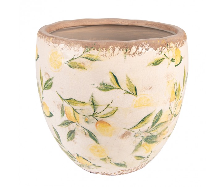 Béžový keramický obal na květináč s citróny Lemonio L - Ø19*19 cm Clayre & Eef
