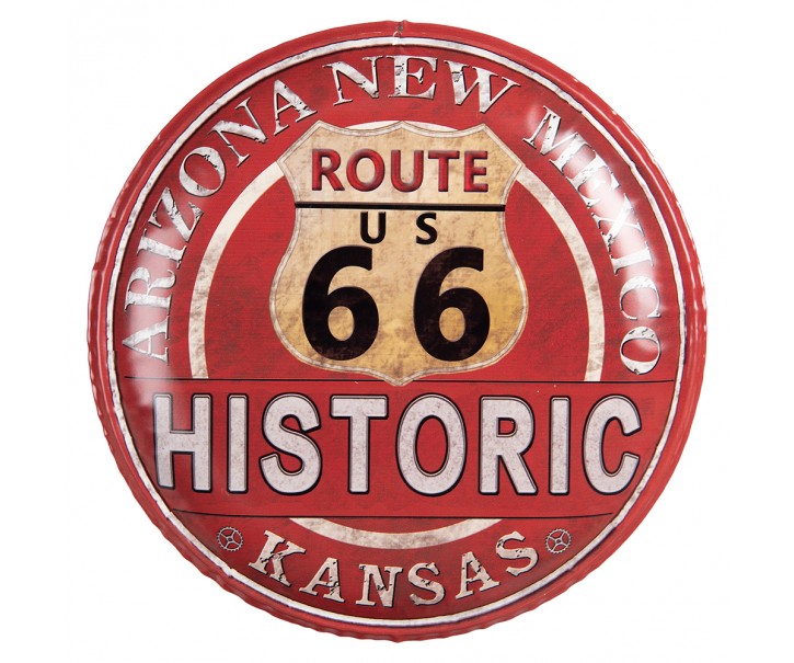 Červená nástěnná kovová cedule na zeď Route 66 - Ø 35*2 cm Clayre & Eef