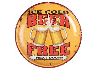 Žlutá nástěnná kovová kulatá cedule na zeď Beer Free - Ø 35*2 cm