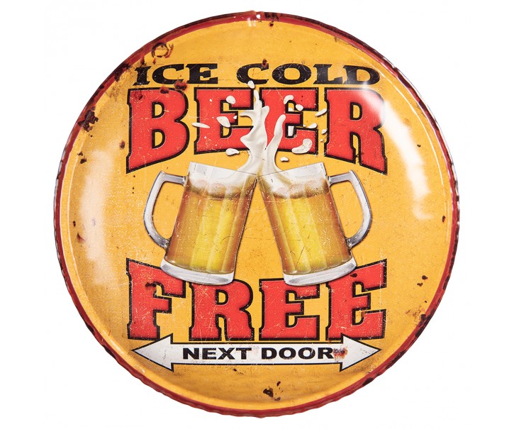 Žlutá nástěnná kovová kulatá cedule na zeď Beer Free - Ø 35*2 cm Clayre & Eef