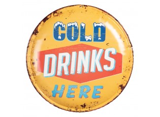 Žlutá nástěnná kovová kulatá cedule na zeď Cold drinks Here - Ø 35*2 cm