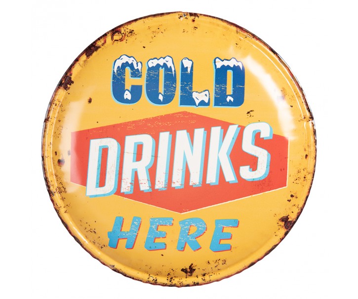 Žlutá nástěnná kovová kulatá cedule na zeď Cold drinks Here - Ø 35*2 cm Clayre & Eef
