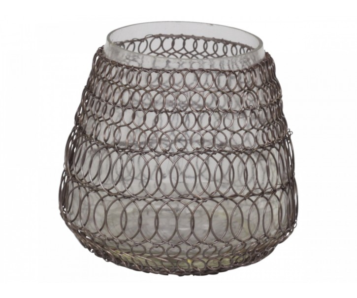 Drátkovaný antik skleněný svícen na čajovou svíčku Fil de fer net - Ø 11*11 cm Chic Antique