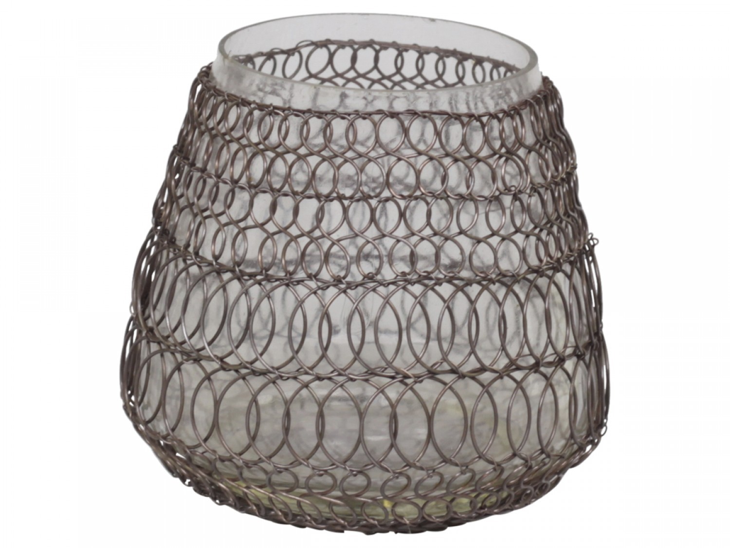 Drátkovaný antik skleněný svícen na čajovou svíčku Fil de fer net - Ø 11*11 cm Chic Antique Drátkovaný antik skleněný svícen na čajovou svíčku Fil de fer net - Ø 11*11 cm Chic Antique