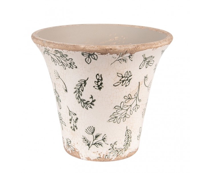 Béžový antik keramický obal na květináč se zelenými květy M - Ø 14*13 cm Clayre & Eef