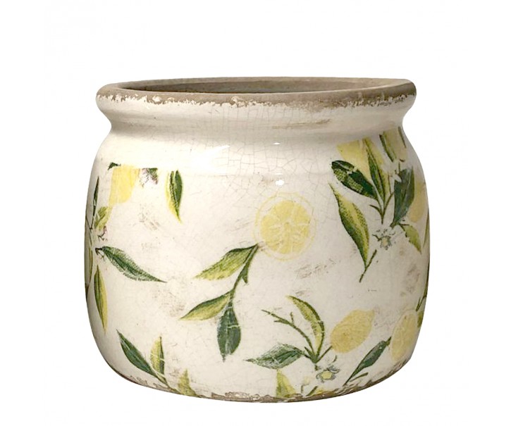 Béžový keramický obal na květináč s citróny Lemonio M - Ø15*13 cm Clayre & Eef