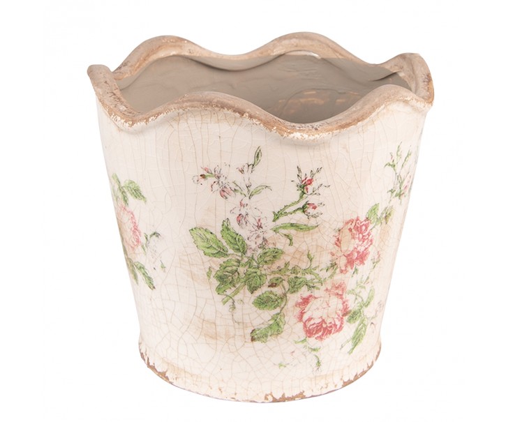 Keramický obal na květináč s růžemi a vlnitým okrajem Rossia S - Ø12*11 cm Clayre & Eef