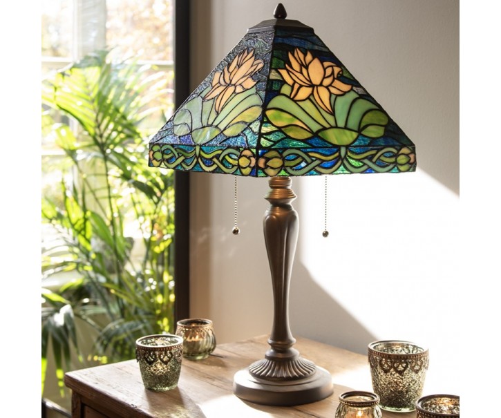 Modrá stolní lampa Tiffany s leknínem Waterlily - 31*31*61 cm E27/max 2*60W Clayre & Eef