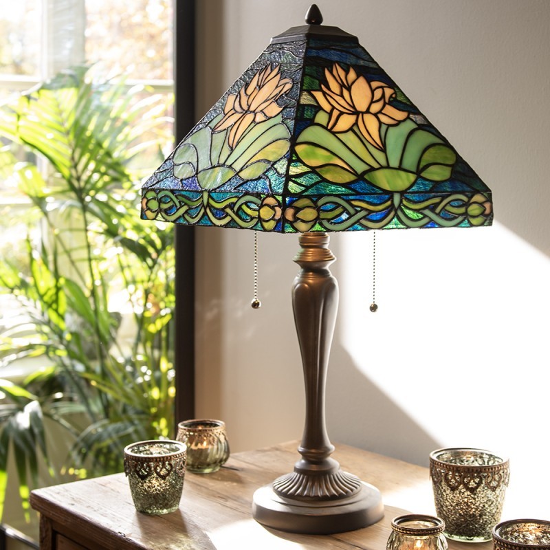 Modrá stolní lampa Tiffany s leknínem Waterlily - 31*31*61 cm E27/max 2*60W Clayre & Eef Modrá stolní lampa Tiffany s leknínem Waterlily - 31*31*61 cm E27/max 2*60W Clayre & Eef