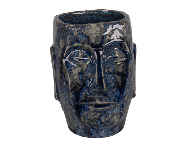 Modrý keramický obal na květináč/ váza s obličejem Blue Dotty L - 17*14*21 cm Clayre & Eef
