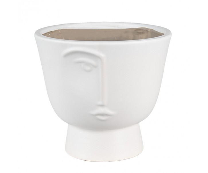 Bílý keramický obal na květináč s polovinou obličeje Facia - Ø 17*15 cm Clayre & Eef
