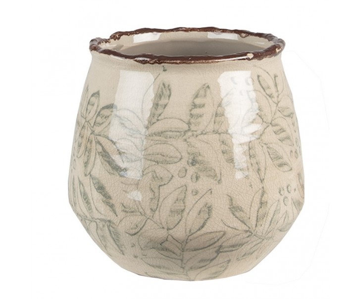 Béžový keramický obal na květináč s listy Lovely Leaves M - Ø14*13 cm Clayre & Eef