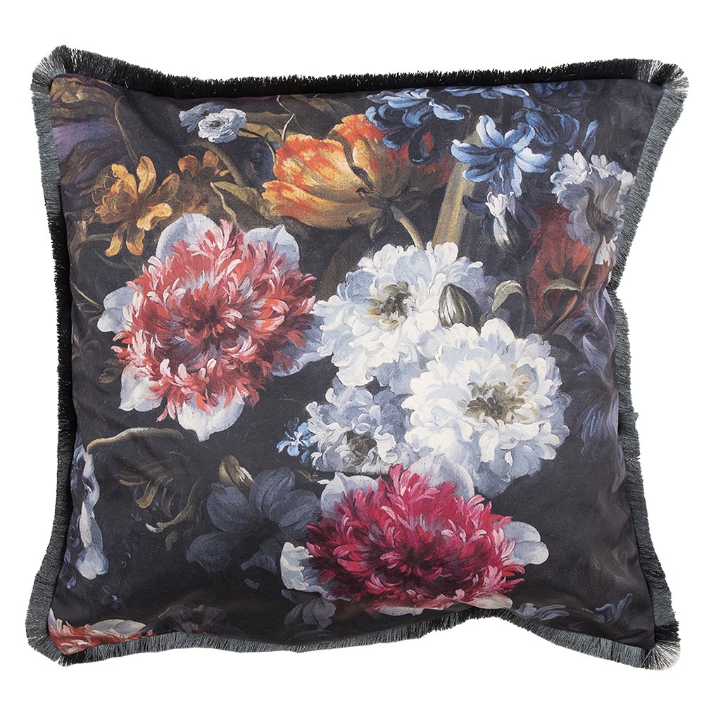 Dekorační polštář s výplní a motivem květů a třásněmi - 45*45*4 cm